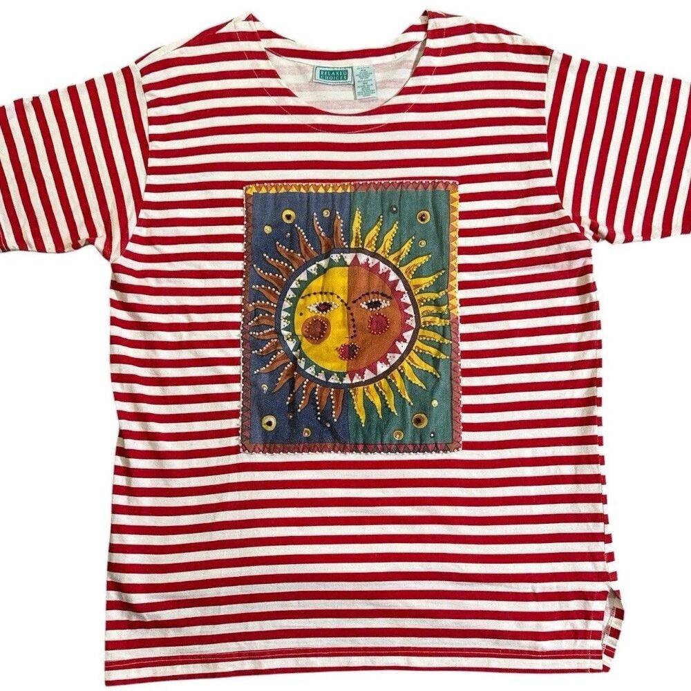 Vintage 90s Relaxed Choices T-Shirt 18W Plus Size Red White Stripe Sun Moon